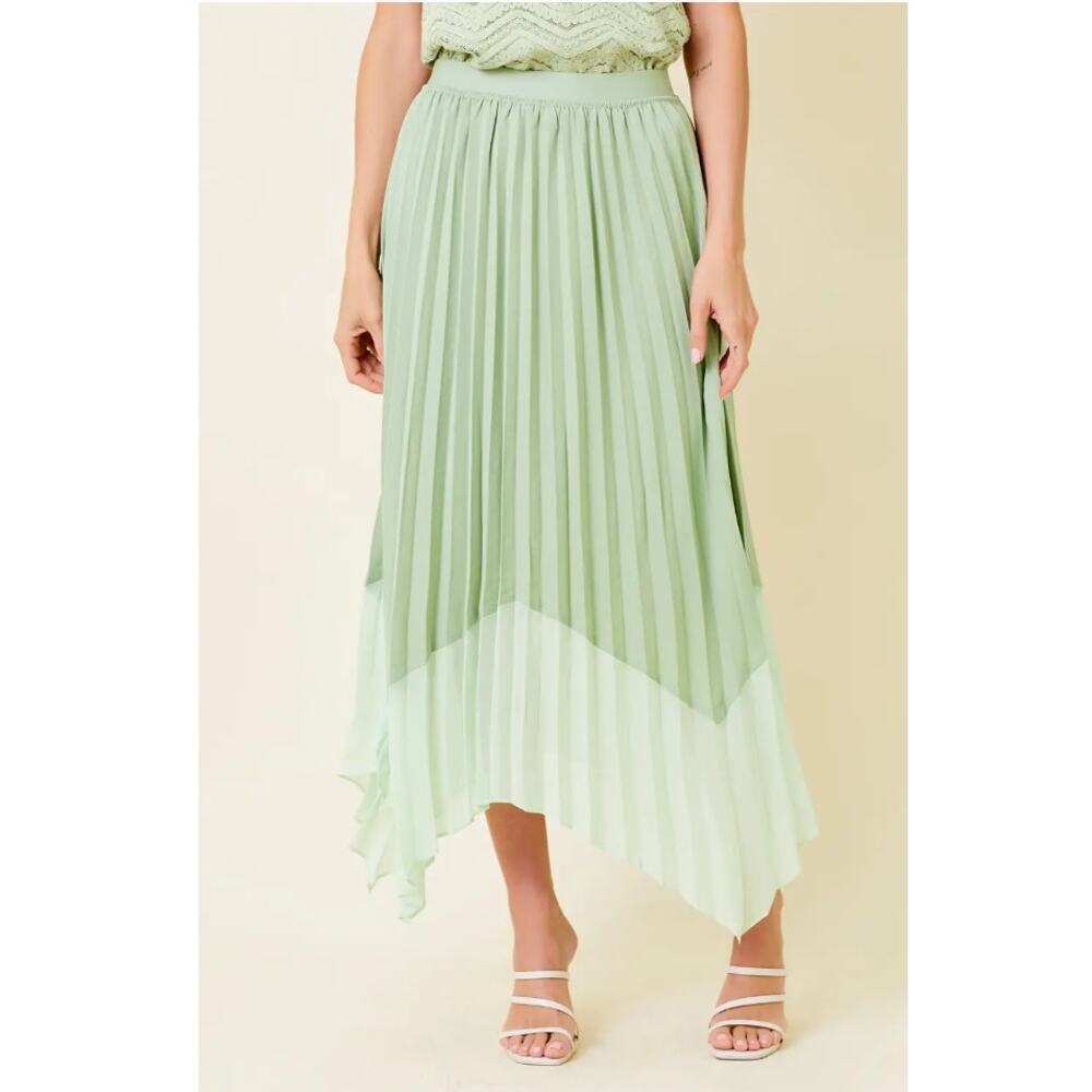 Sage Green Pleated Midi Skirt Asymmetrical Hem - Picture 4 of 9